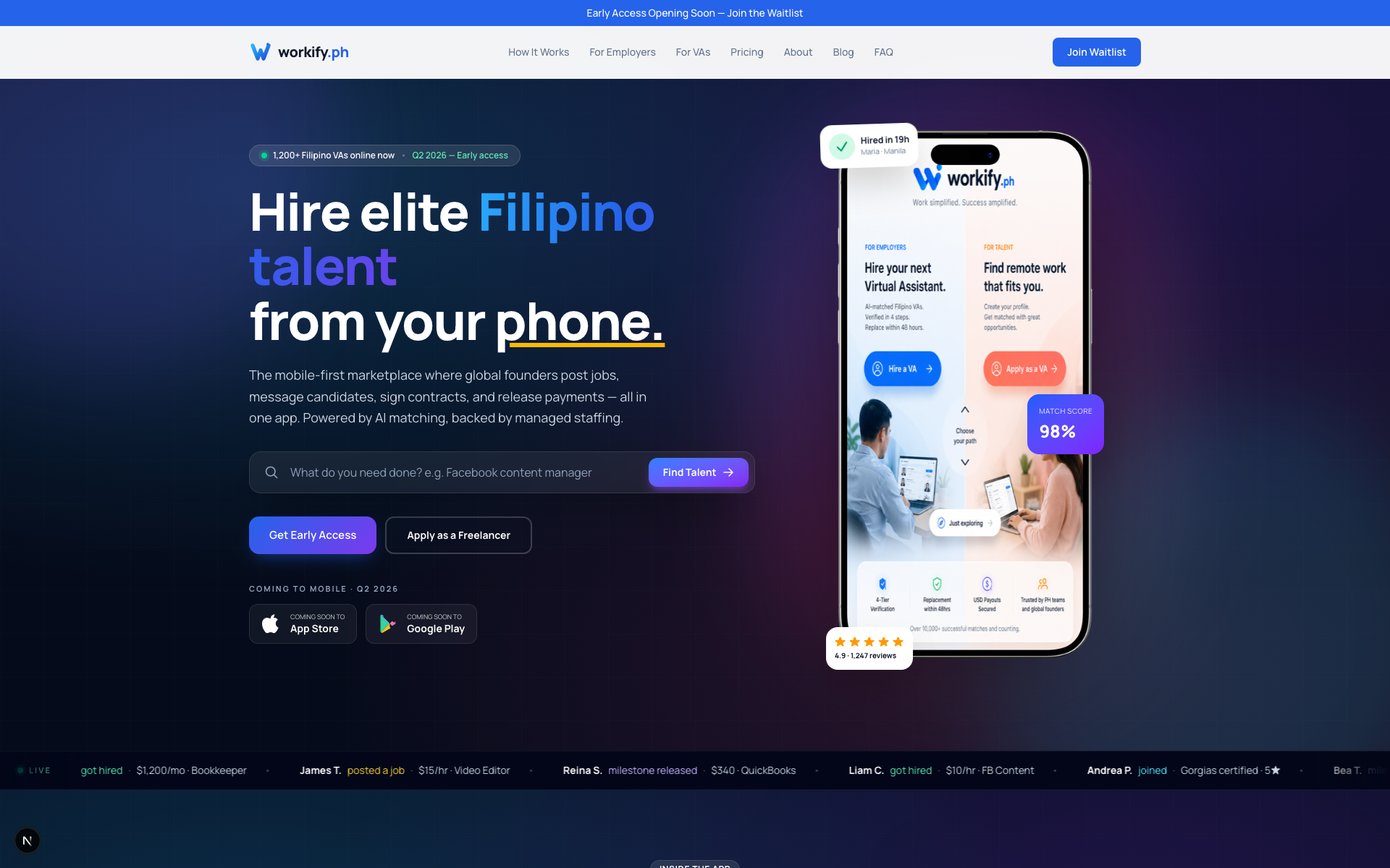 Workify.ph homepage — Hire elite Filipino talent from your phone